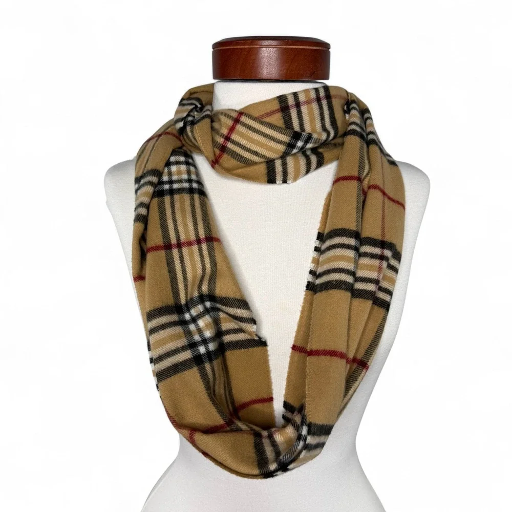 Cashmink Beige Tan Plaid Infinity Scarf Camel Checkered‎ Classic Cozy Preppy